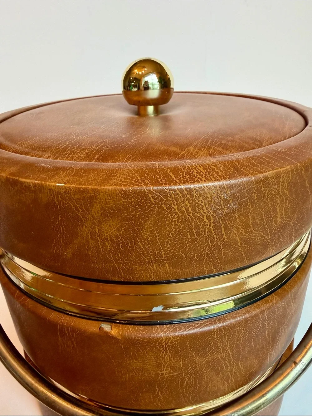 Vintage Faux Leather Ice Bucket Gold Tone Handle Mid Century Barware Brown